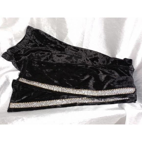 RHINESTONES VENUS Velvet Leggings Black Velour diamond pants - Picture 4 of 7